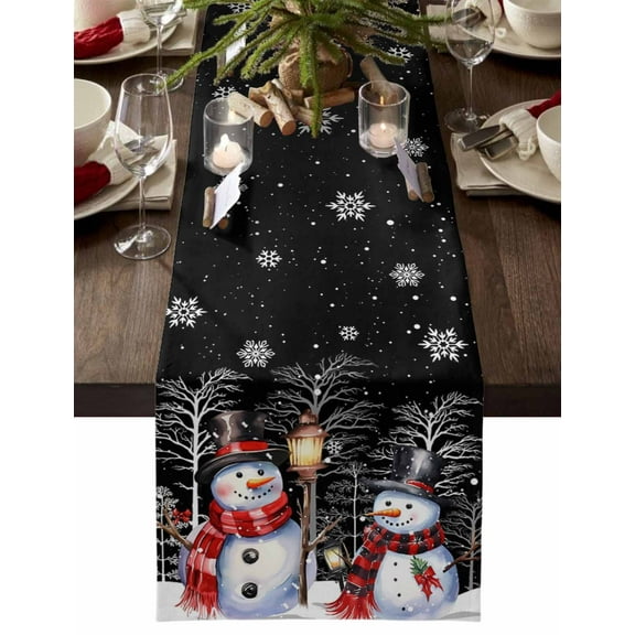 Christmas Table Runner Snowman Snowflake Table Runners Winter Forest Black Cotton Linen Dresser Scarf Kitchen Dining Table Decor for Christmas Holiday Party Decor 13x72 Inch