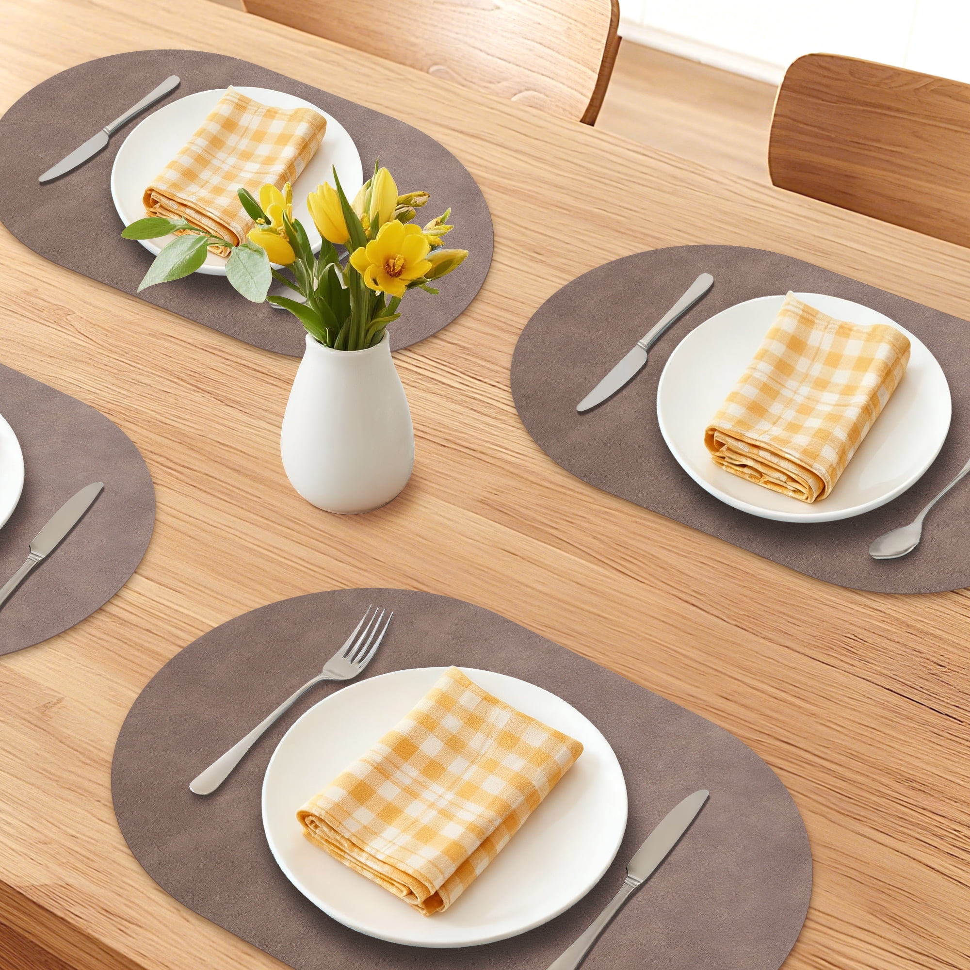 Unique Bargains 6pcs Oval Table Mats for Kitchen Dark Brown 17.3"x11.8"