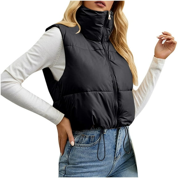 Htigea Clearance Women's Outwear Vest Stand Collar Sleeveless Lightweight Oversized Zip Bubble Puffer Vest for Women Today Sales Black,XXL