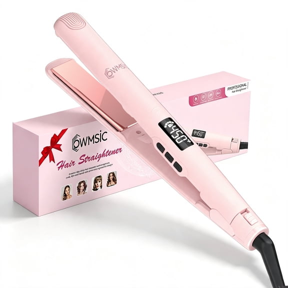 OWMSIC 1'' Flat Iron, 2-in-1 Ceramic Hair Straightener and Curler with 7 Temp Settings, Anti-Frizz Negative Ionic Dual Voltage for Home, Salon & Travel, Pink