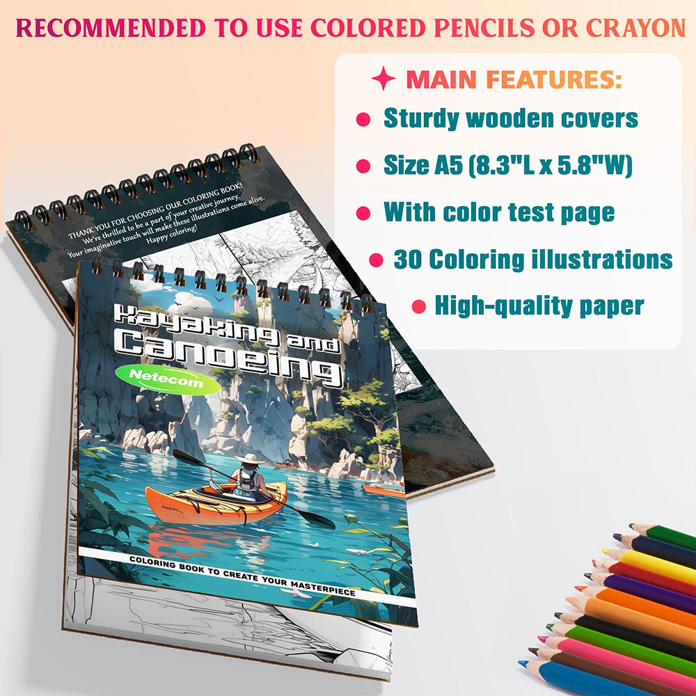 Kayaking and Canoeing Coloring Book Spiral Bound for Adults, A5 Wooden Cover, 30 Coloring Pages of Serene Water Scenes, Adventure Landscapes, Paddle Designs for Stress Relief and Relaxation