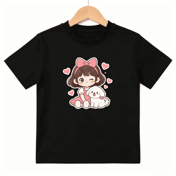 Cute Girl With Puppy Dog Girls Graphic Tee, Sweet Pink Hearts 100% Cotton Kids Short Sleeve T-Shirt 4-13Y