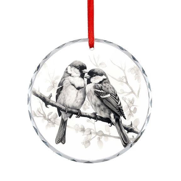 Crystal Glass Ornament Two Little Bird Black And White Sparrows Round Ornament Rustic Animal Bird Hanging Ornaments Xmas Tree Decor for Family Friends Lovers