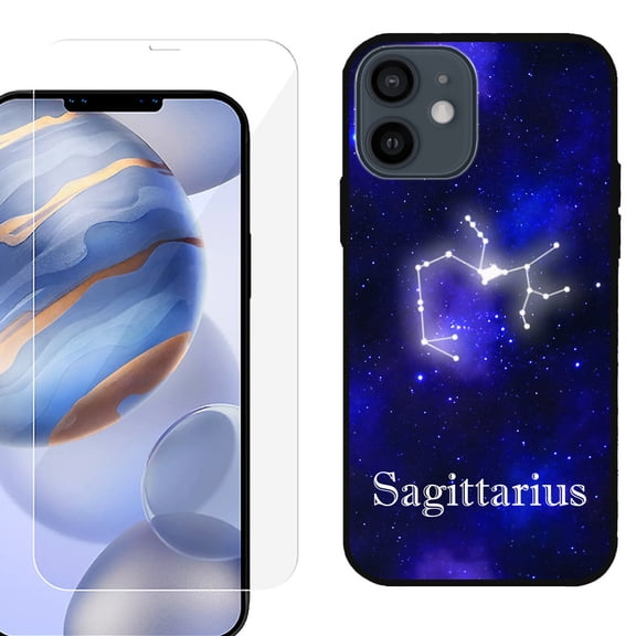 Slim-Fit Protective Phone Case (Black) compatible with iPhone 12 / iPhone 12 Pro, with Tempered Glass Screen Protector, by OneToughShield ® - Zodiac / Sagittarius