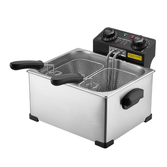 KFFKFF Commercial Electric Deep Fryer, 9.51 Qt, 1700W Stainless Steel Countertop Fryer with Adjustable Temperature, Timer, Overheat Protection, Detachable Design,Includes Large & Small Baskets,Silver