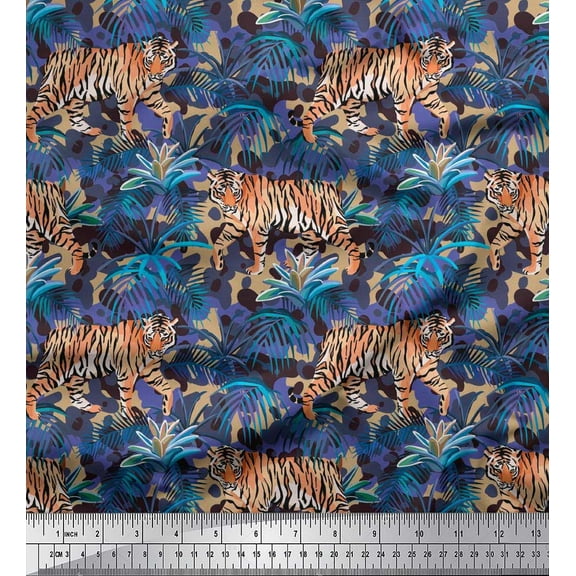 Soimoi Cotton Duck Fabric texture,leaves & tiger Animal Print Fabric by the Yard 42 Inch Wide