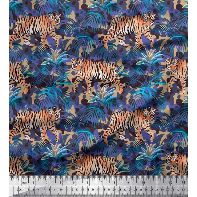 Soimoi Poly Georgette Fabric texture,leaves & tiger Animal Print Fabric by Yard 52 Inch Wide