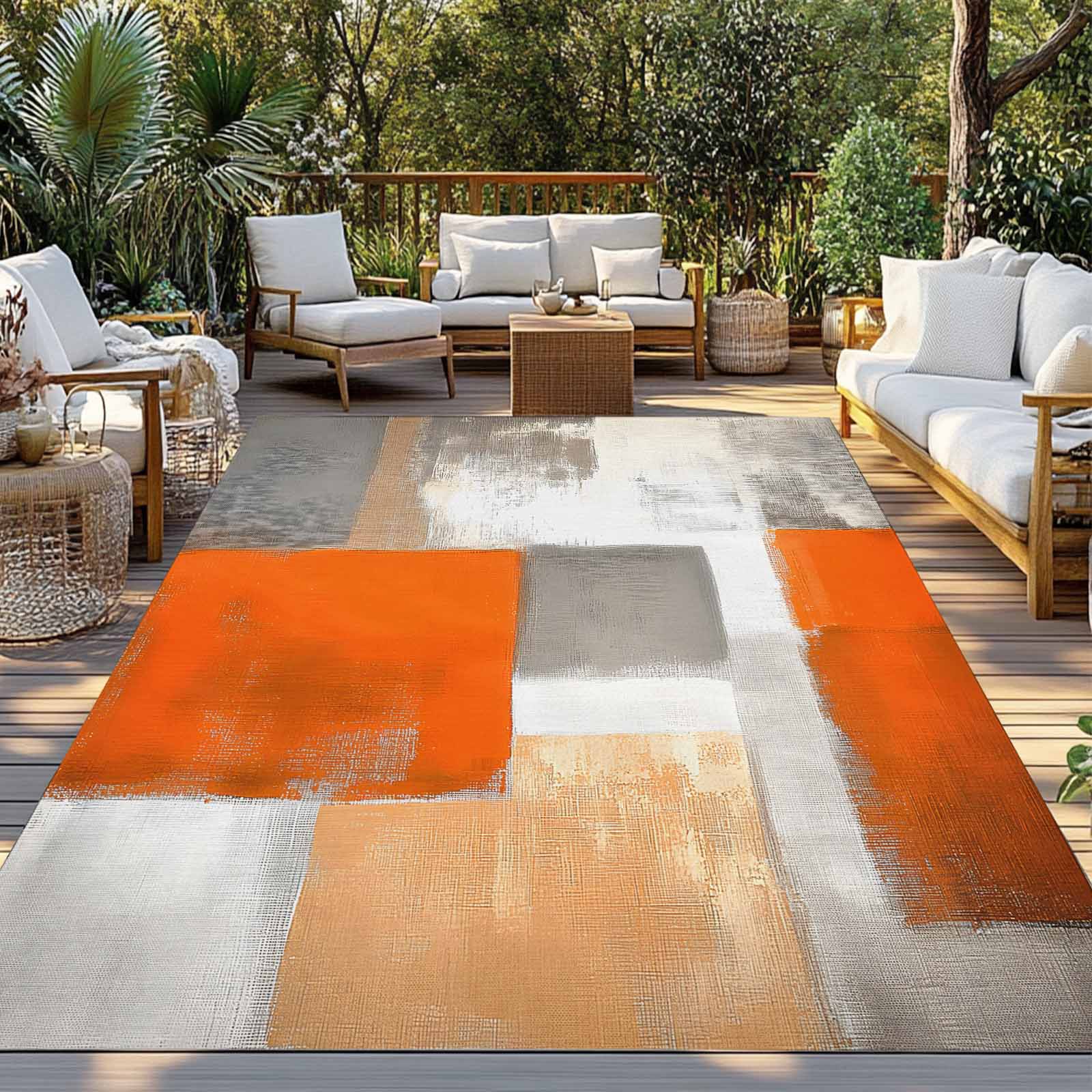 Fsddascl Burnt Orange Grey Outdoor Rug for Patio/Deck/Porch, Non-Slip Large Area Rug 4 x 6 Ft, Modern Oil Painting Art Abstract Indoor Outdoor Rugs Washable Area Rugs, Reversible Camping Rug Carpet