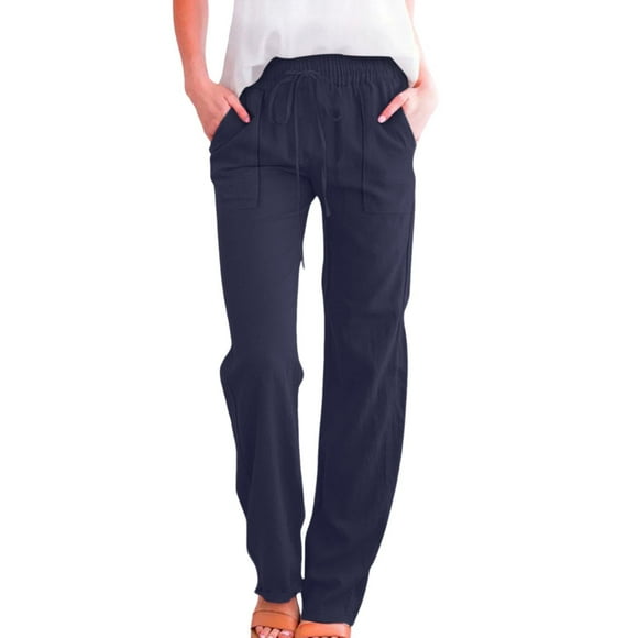 Staron Linen Pants Women Lightweight Straight 2025 Drawstring Waist Wide Leg Cotton Linen Lounge Trousers Loose Casual Summer Elastic Waist Pants with Pockets