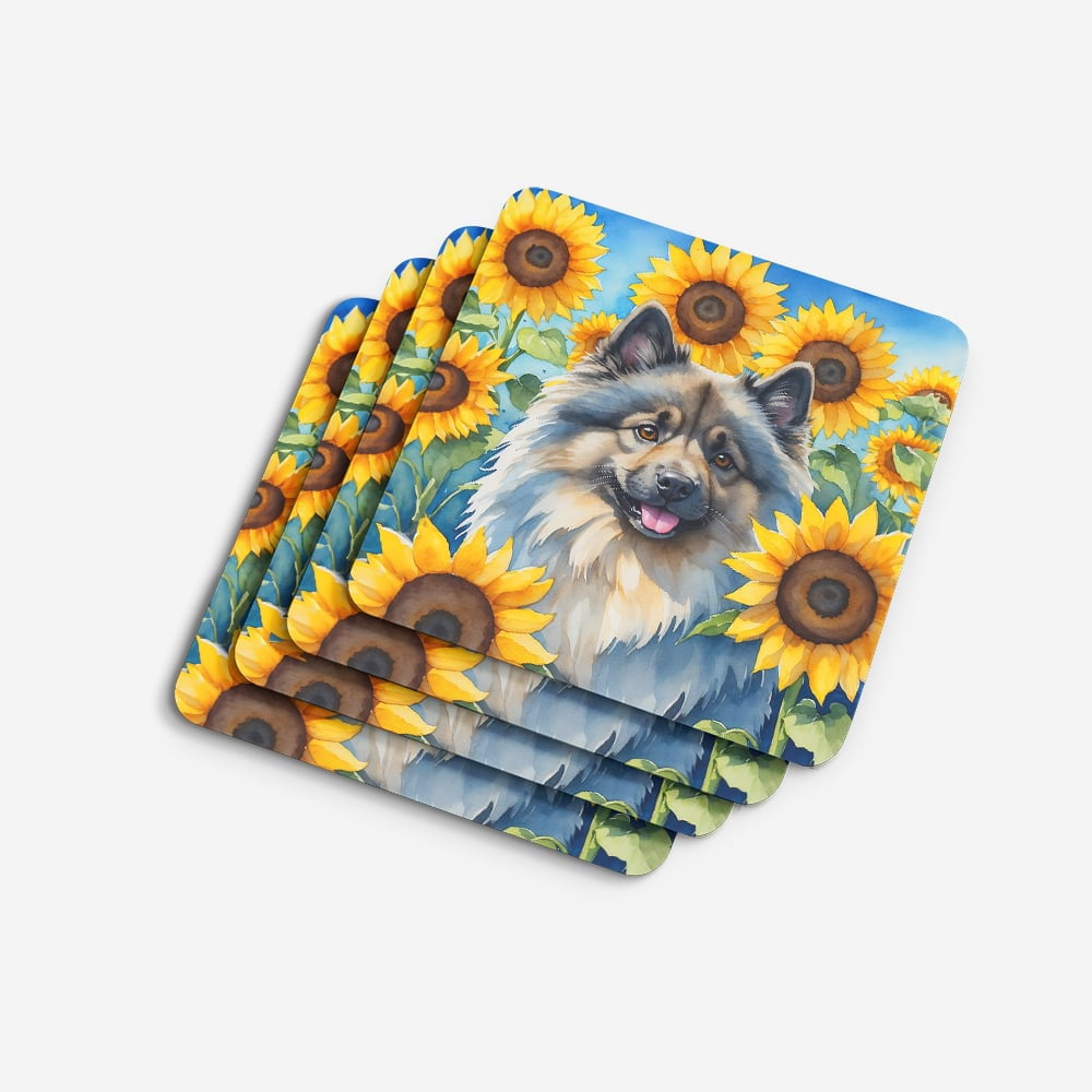 Keeshond in Sunflowers Foam Coasters 3.5 in x 3.5 in