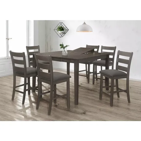Classic 7PC Wooden Counter Dining Set, Butterfly Leaf Expandable Dining Table, Counter Height Chairs, Gray