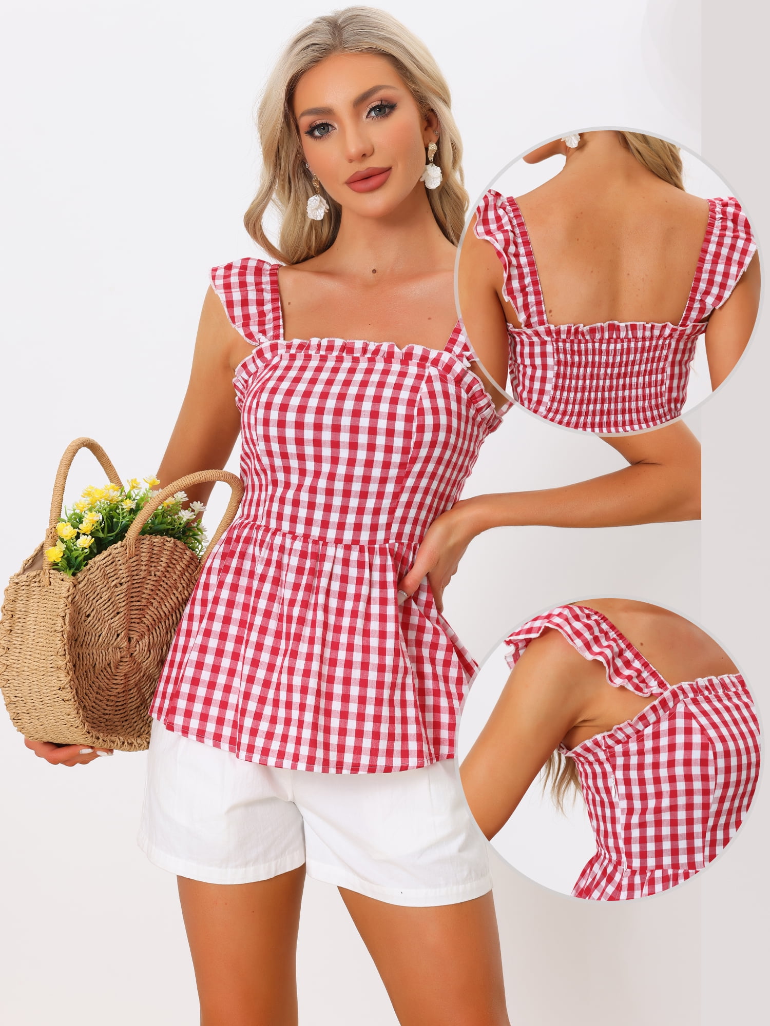 DARING DIVA Women's Gingham Peplum Square Neck Sleeveless Plaid Blouse M Red