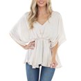 thumbnail image 2 of Tops de gasa con cuello en V, camisas con dobladillo con volantes y manga de murciélago de verano, blusa holgada para mujer, color Beige XL, 2 of 6
