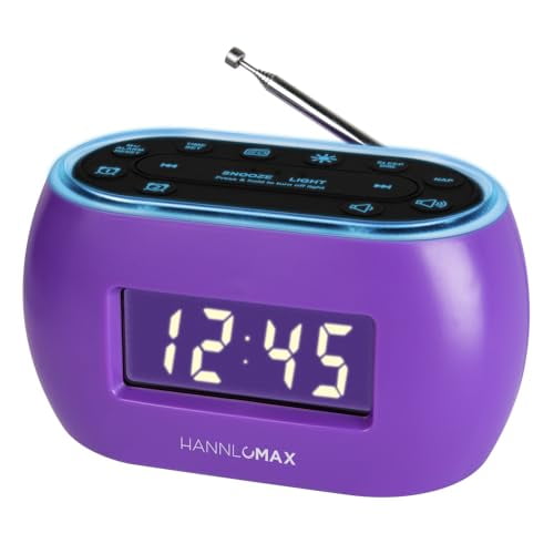 HANNLOMAX HX-161CR Reloj despertador portátil con radio FM PLL, pantalla LCD con función de atenuación, luz nocturna RGB de 7 colores, puerto USB para carga de 1 A, antena telescópica, solo funcionami