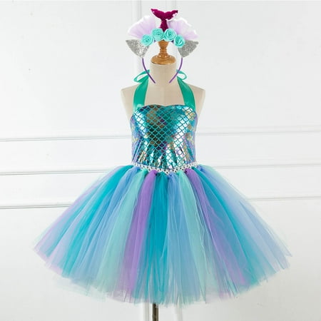 

AURIGATE Toddler Baby Girl Skirt Summer Girls Sling Tie Neck Mermaid Show Dress Skirt + Hair Band
