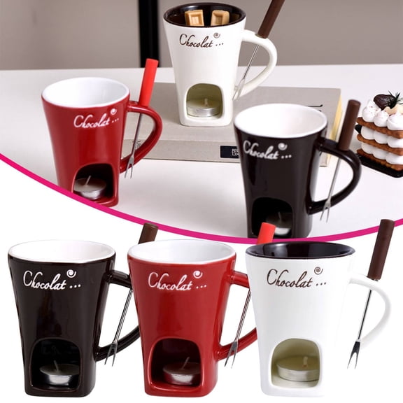 Fondue Chocolate Melting Mug Set with Fork and Candle, Christmas Coffee Cup for Holiday Dessert Parties, Multicolor, One Size, Ceramics