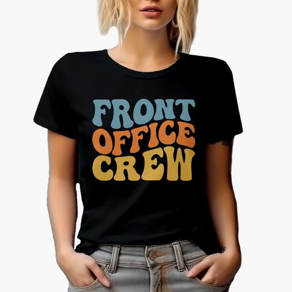 Front Office Crew, Company Employees Themed, Groovy Retro Wavy Text Merch Gift, Black T-Shirt, Small