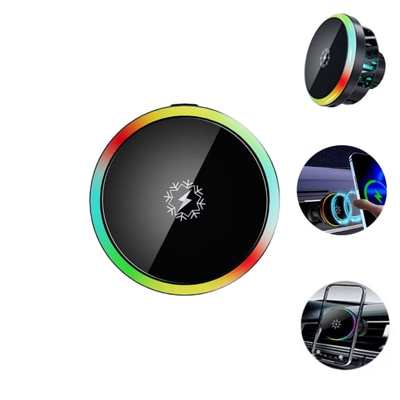 Wiher Wireless Car Charger, Magnetic Car Charging Holder with All iPhone/Samsung Models for RGB Lighting Fast Charging 360-degree Rotation, Black