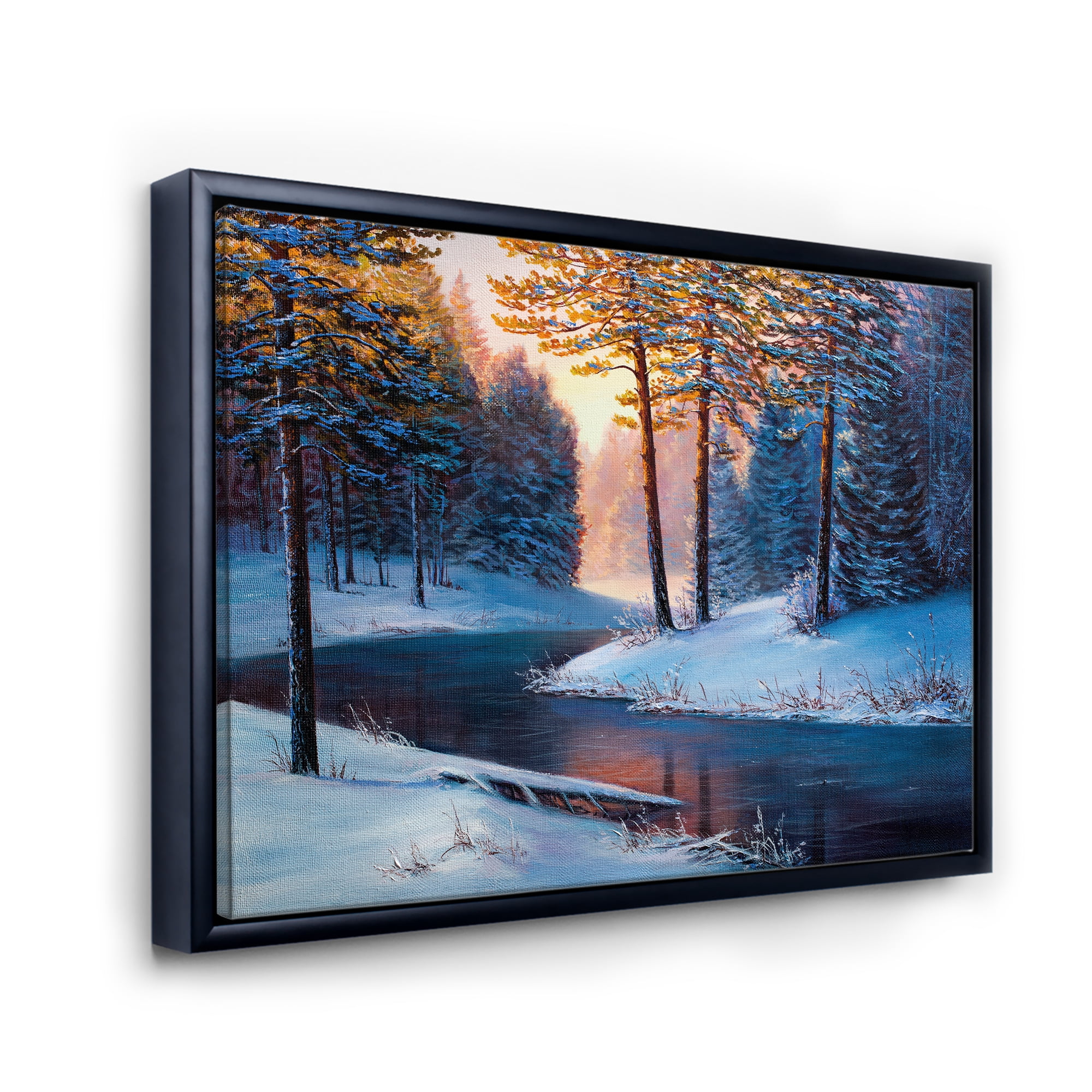 Designart 'Morning Glow Through The Christmas Forest By The River' Lake House Framed Canvas Wall Art Print