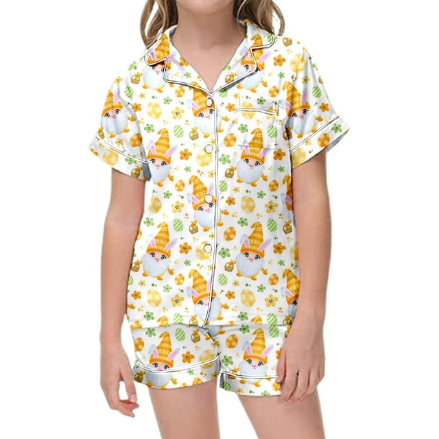 LUOGENLI Pyjamas Filles Taille 14-36 Robe de Nuit 2 Ensembles de Pyjama pour Enfants avec Imprimé de Petit Pygmée de Pâques et Imprimé d'Œufs de Pâques Chemise à Boutons à Manches Courtes Shorts Ensembles de Pyjama Beige 8-9 Ans