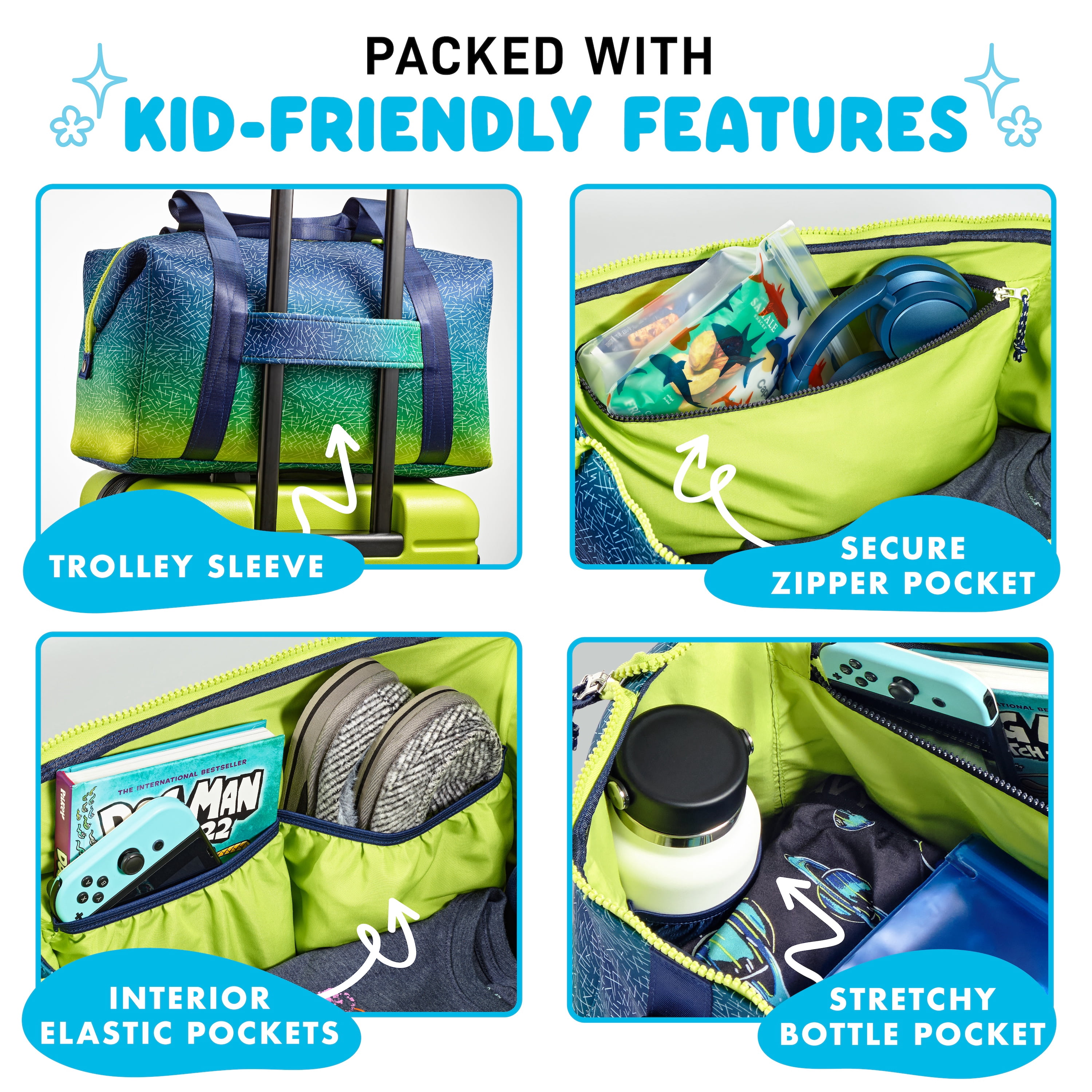 Fit + Fresh Junior Duffel Bag For Kids, Premium Neoprene Dance & Sports Bag, Weekender, Blue Green