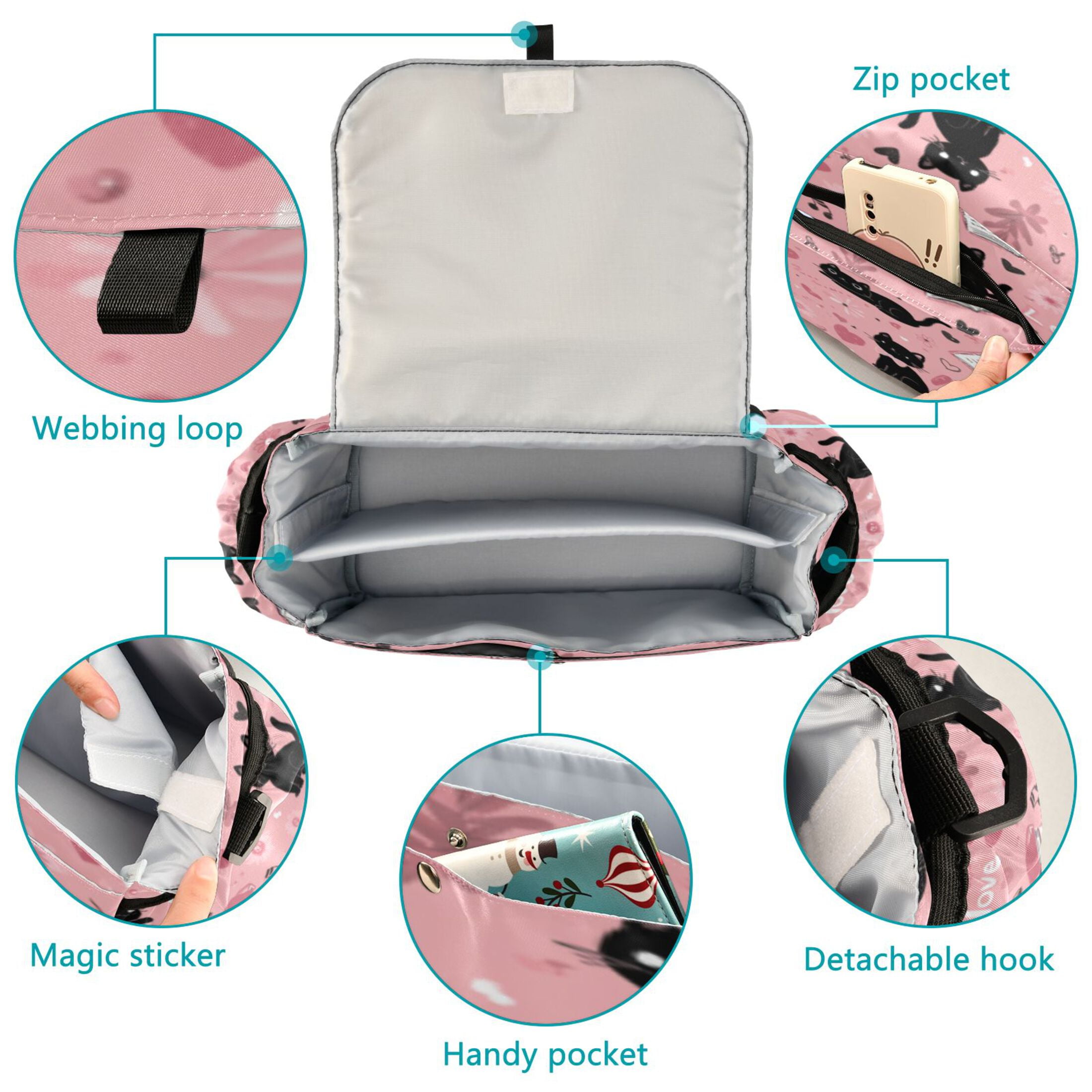 DIXRUYEE Stroller Organizer Pink Cat - Filled Literary Love Printed