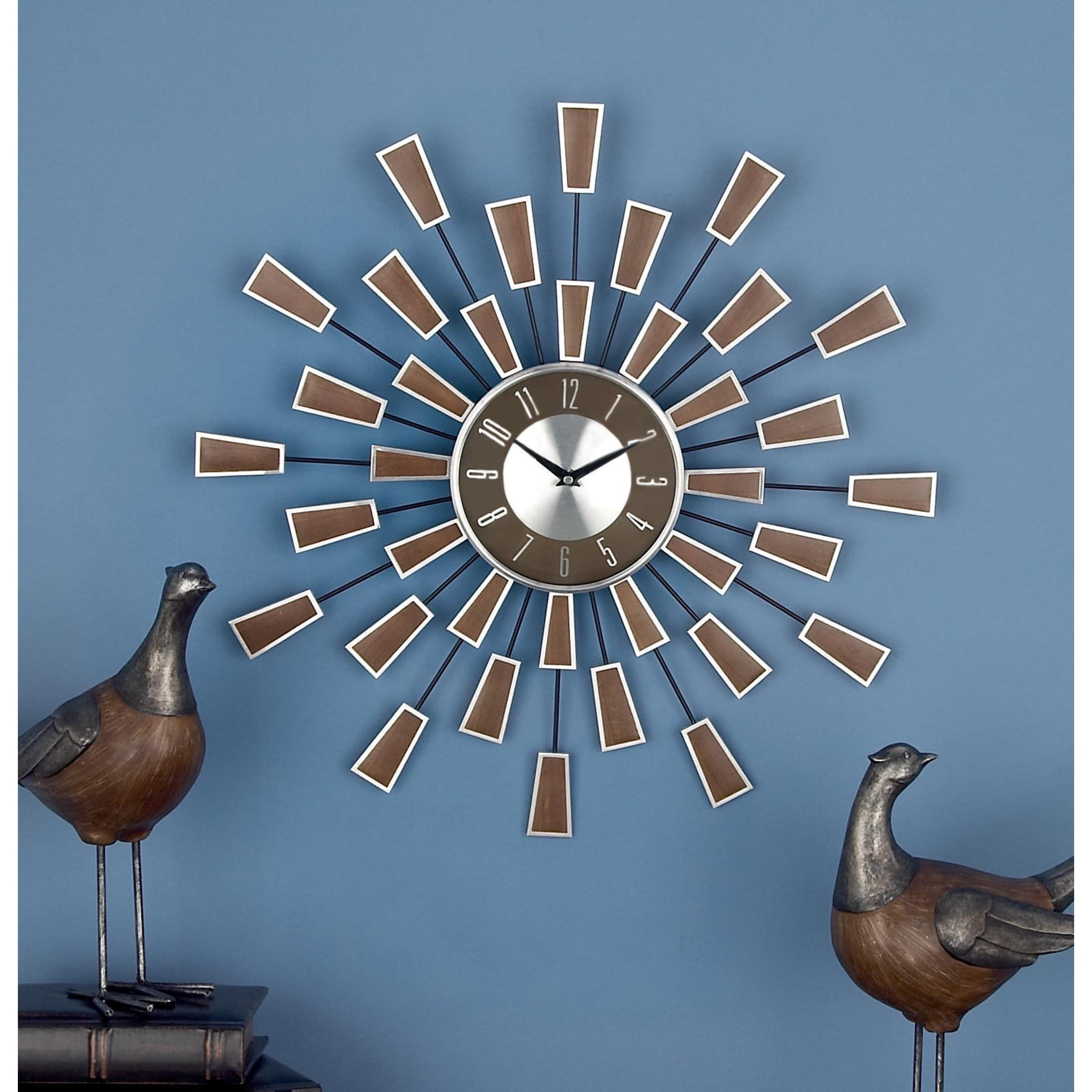 DecMode 22" Brown Metal Starburst Starburst Wall Clock with Silver Accents
