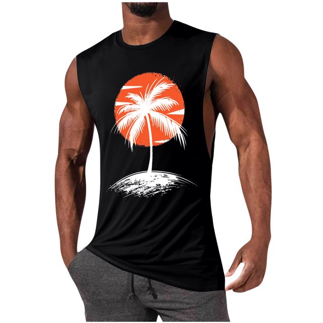 Mens Tank Tops Beach Summer Sleeveless Shirts Graphic Sun Palm Tree Vacation Tanks Cut Off Muscle Gym Tank Top