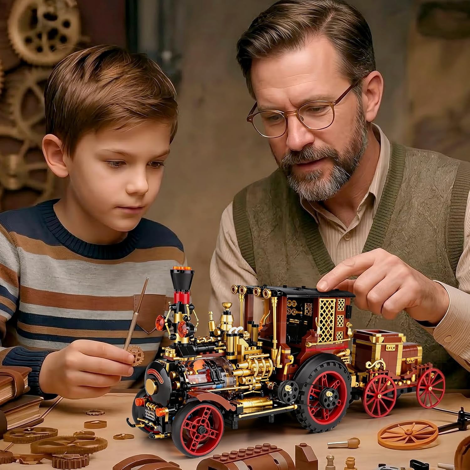 Vintage Car Steam Engine Building Blocks Set with Lights, Western Retro Steam Tractor Locomotive Model Building Kit for Vintage & West Lovers