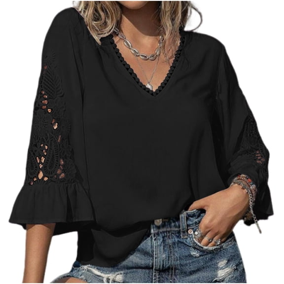 ZHYou Blouses for Women V Neck Pullover Lace Hollow 3/4 Sleeve Tops Summer Fall Business Casual Shirts,Black,Size L