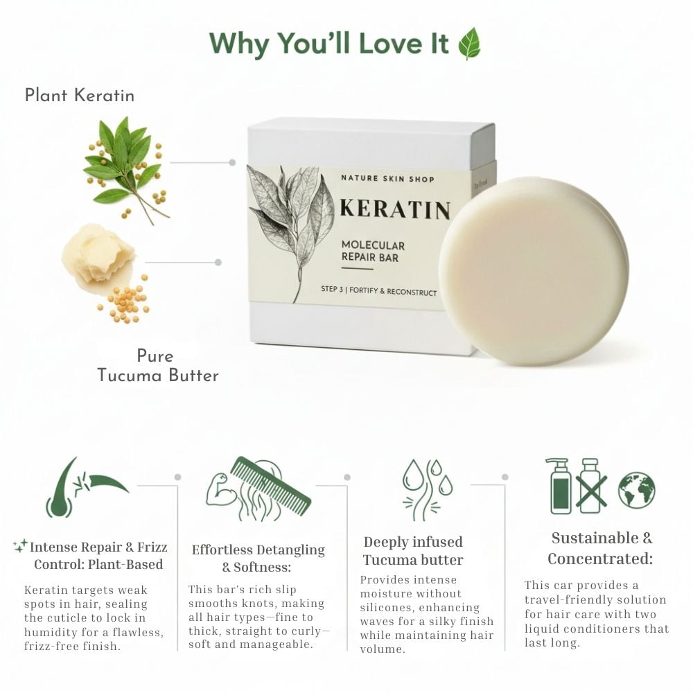 Nature Skin Shop Keratin Smoothing Conditioner Bar, Strengthens Appearance of Dry & Damaged-Looking Hair, Tames Frizz, Sulfate-Free, 4 Ounces