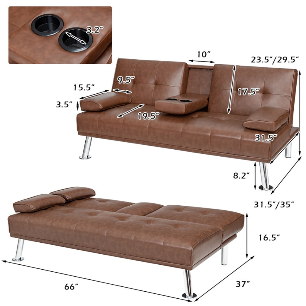 Finihen Futon Sofa Bed, Leather Couch, Convertible Folding Recliner, Convertible Folding Leather Futon Sofa with Cup Holders and Armrests, for Living Room, Bedroom, Brown Finihen Futon Sofa Bed, Leather Couch, Convertible Folding Recliner, Convertible Folding Leather Futon Sofa with Cup Holders and Armrests, for Living Room, Bedroom, Brown