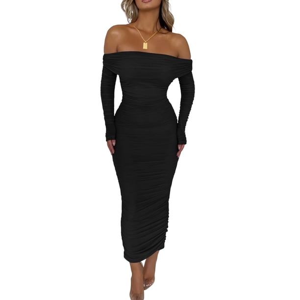 Vestido PRETTYGARDEN Maxi Bodycon con Hombros Descubiertos y Fruncido Negro M