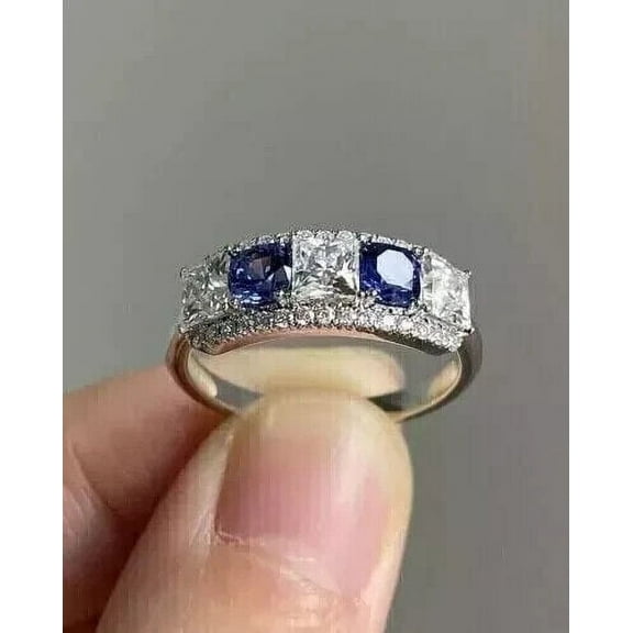 2.50 Ct Cushion Cut Lab Created Blue Sapphire Wedding Band Ring 14K White Gold Plated 925 Silver