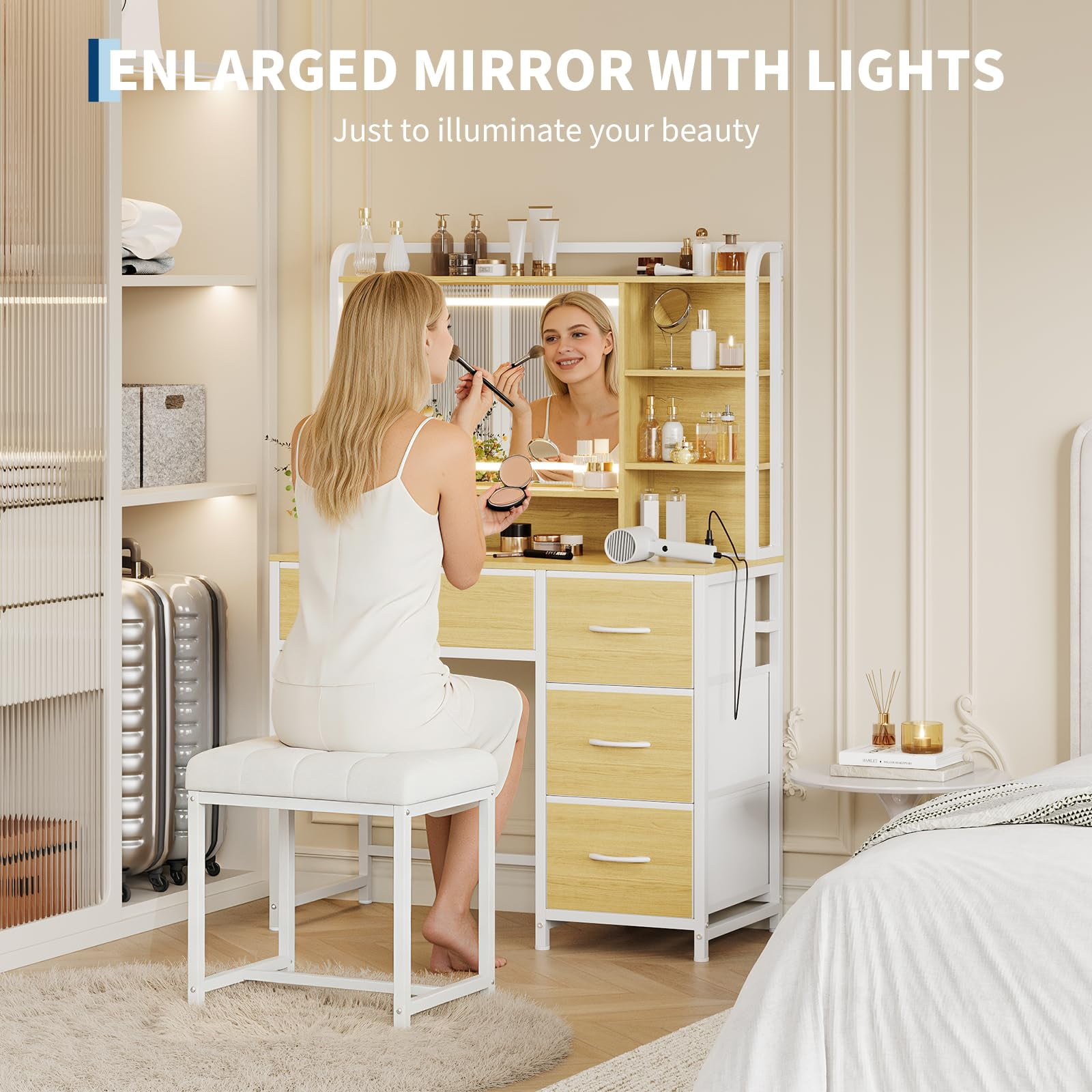 Kicctian Modern Makeup Vanity Set with Mirror - Dressing Table Featuring 4 Fabric Drawers & Shelves, Bedroom Furniture Gift for Women,Wood Color