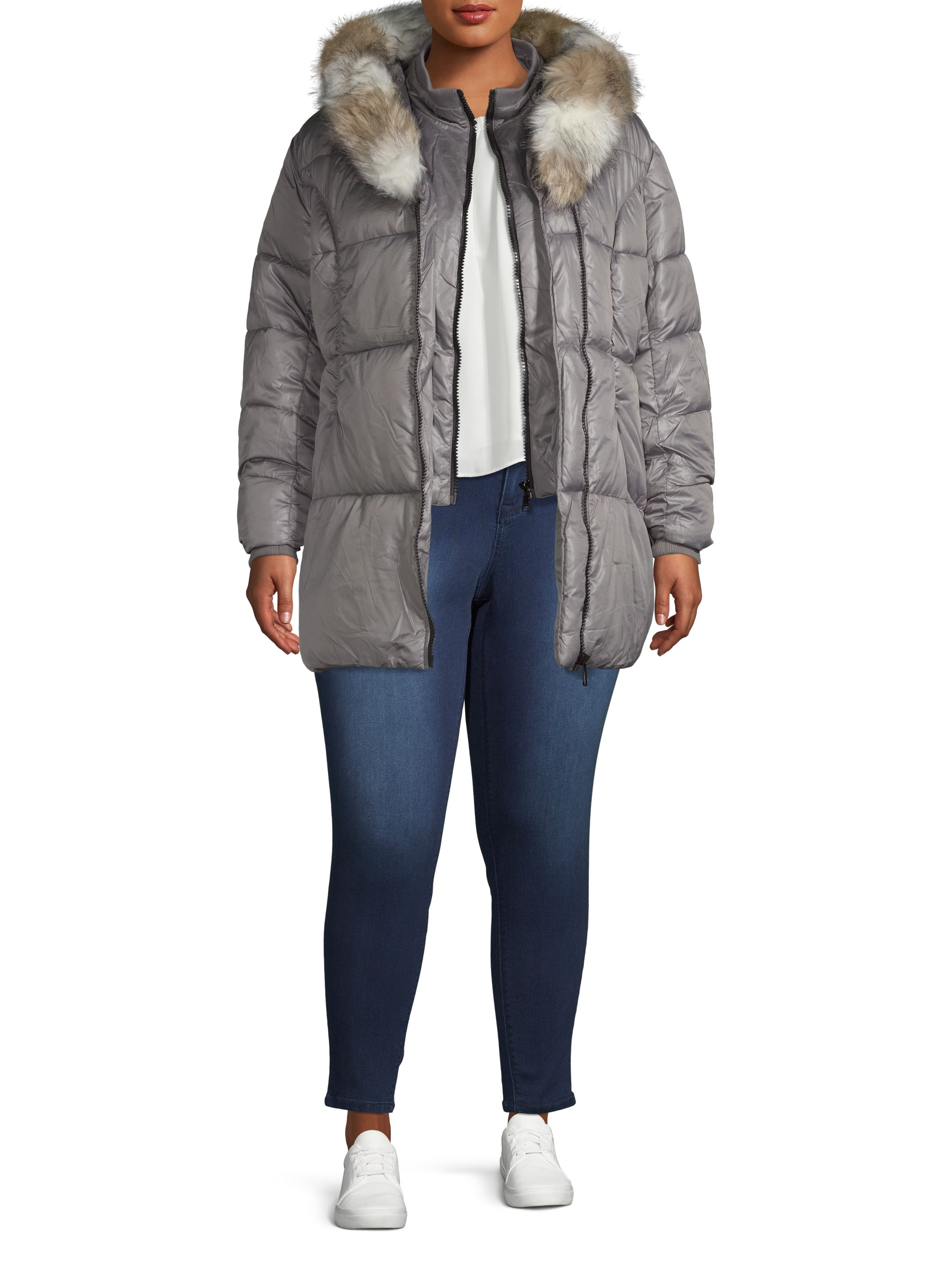 Celsius Women's Plus Faux Fur Collar Long Jacket