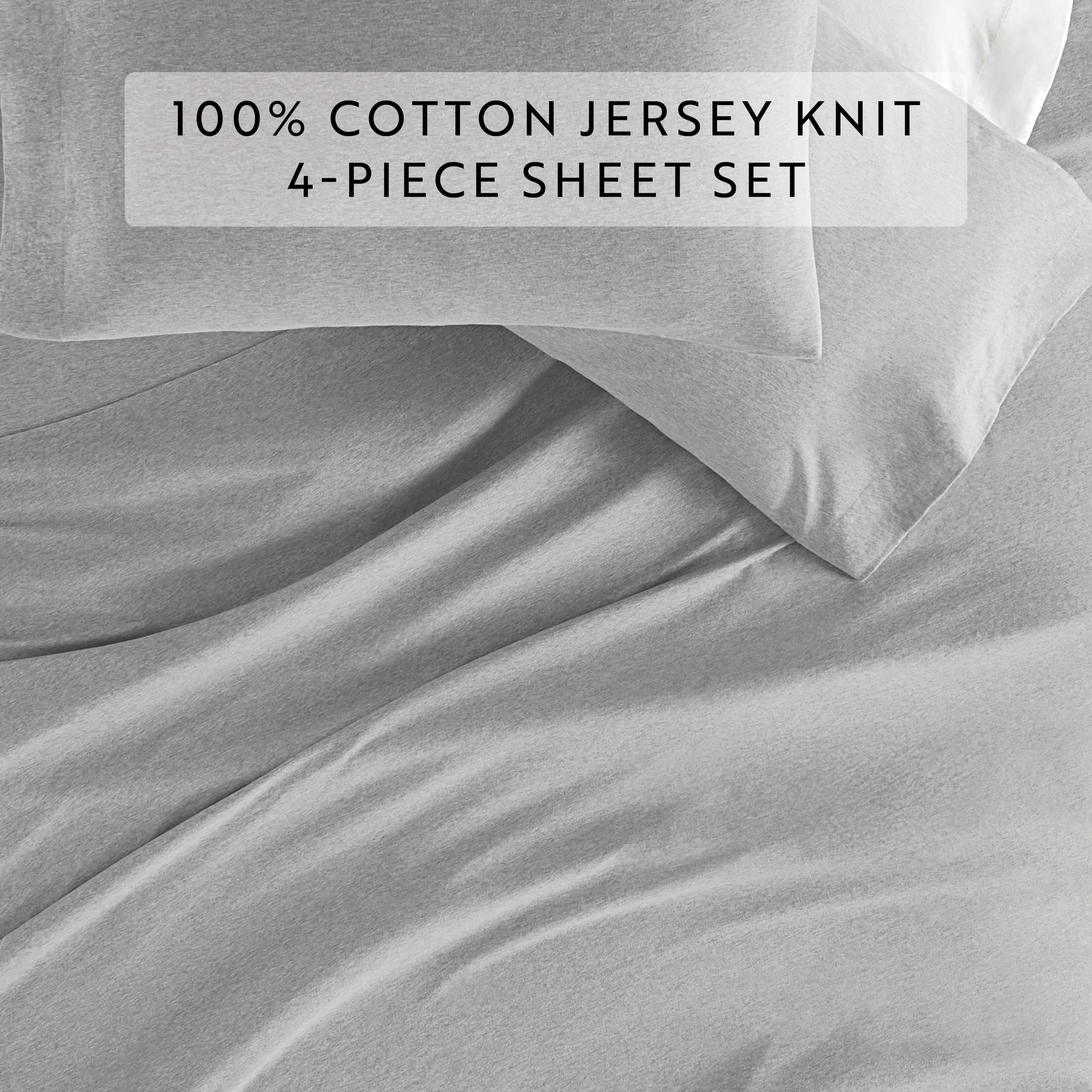 Noble Linens 4 Piece Jersey Knit 100% Cotton Sheet Set, Light Gray, Twin