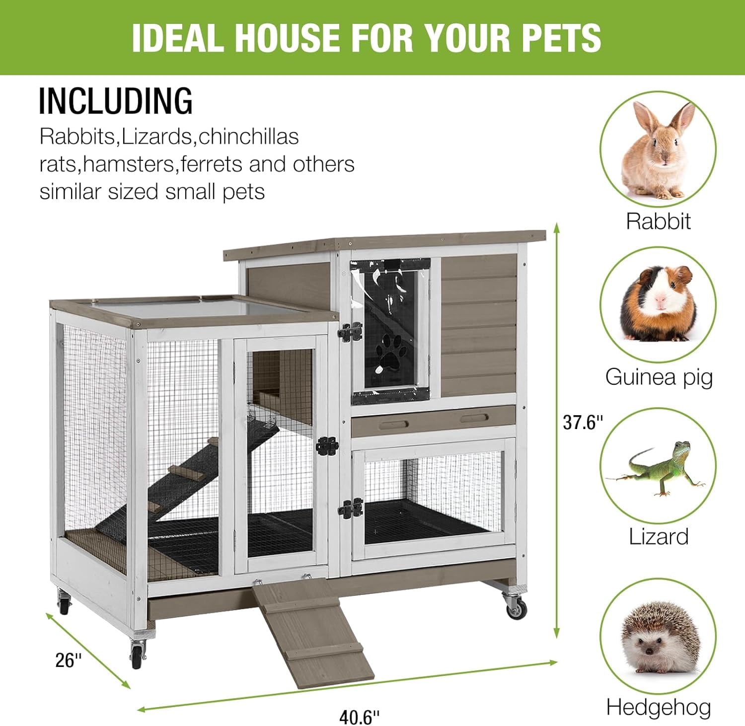 MEDEHOO Rabbit Hutch Rabbit Cage Pet Bunny House Cage with Casters Urine Baffles,4 Metal Wheels,2 Deeper Trays(Mocca Color)
