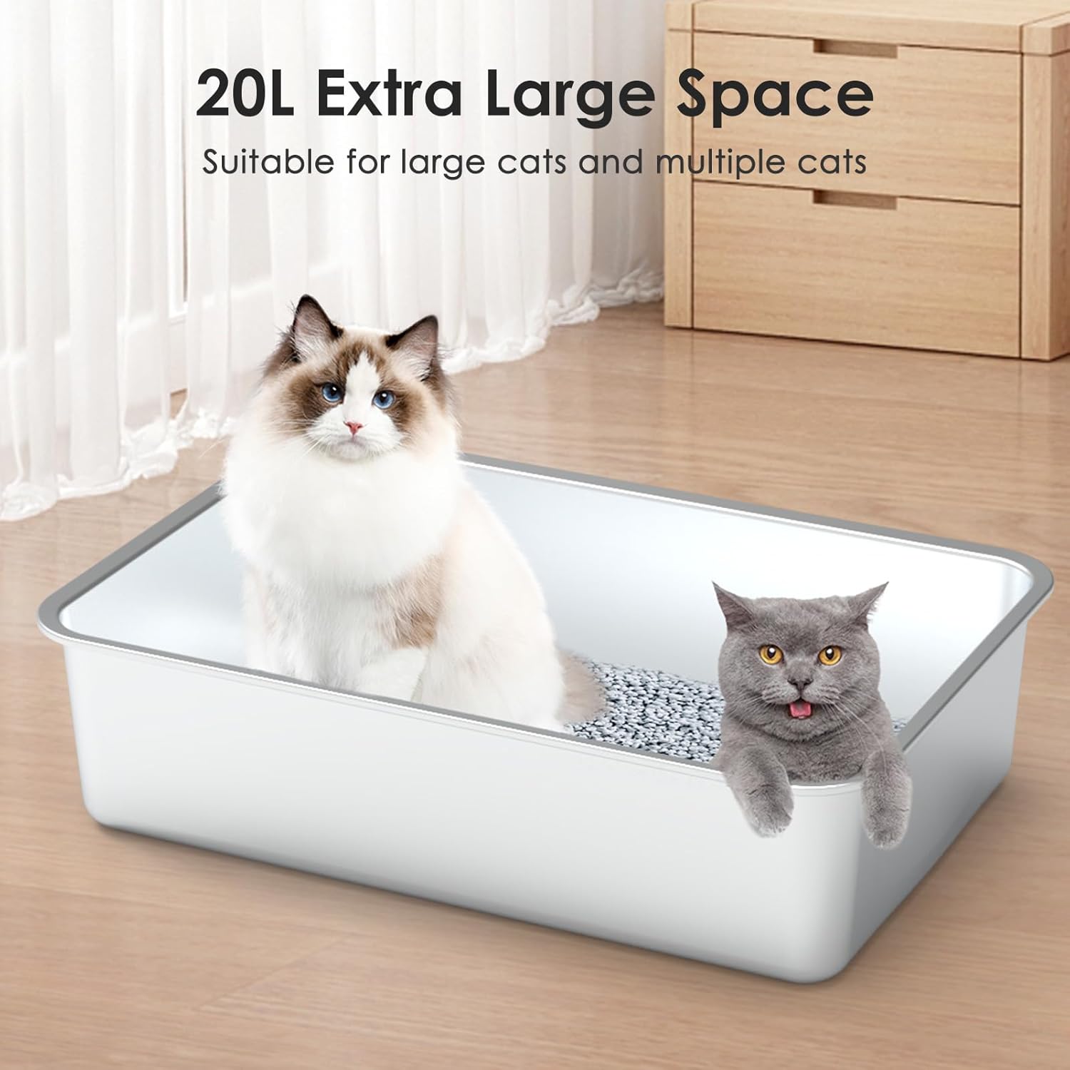 Stainless Steel Cat Litter Box,XL Enclosed Cat Litter Box with Poop Scooper/Footboard/Mat (Light Gray)