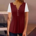 thumbnail image 2 of Plebaso Hauts d'Été pour Femmes Patchwork Dentelle Manches Courtes Tunique Décontractée Boutonnée Col en V Blouses Habillées, 2 of 6