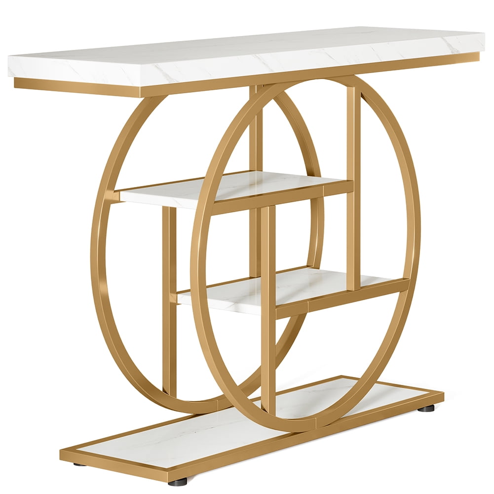 Spaco 41.3" Console Table with 1.57" Thick Tabletop, Industrial 4-Tier Sofa Entryway Table with Circle Base, White