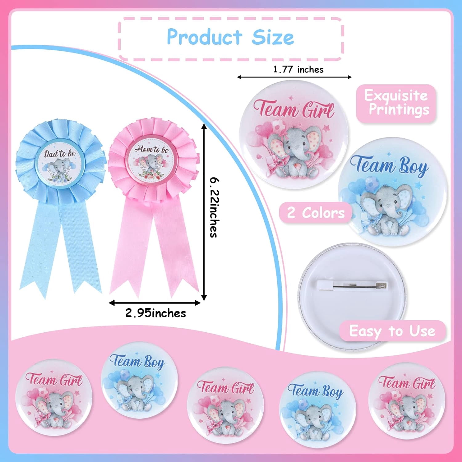 Elephant Gender Reveal Party Favors, Daddy to Be Mom to Be Tinplate Badge Pin, Gender Reveal Button Silicone Wristbands for Baby Shower Team Boy Team Girl Gender Reveal Party Favors Supplies