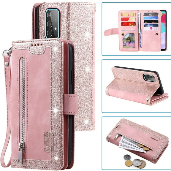 Dteck Wallet Phone Case for Samsung Galaxy A53 5G, Retro 9 Card Holder Slots Zipper Pocket Case Glitter PU Leather Magnetic Closure Kickstand with Wrist Strap Shockproof Folio Flip Case,Rosegold