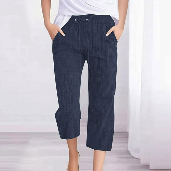 YOIAVAIOY Plus Size Capri Pants for Women Casual Straight Solid Color Capris Lounge Dressy Elastic Waisted Cropped Pant with Pockets Navy M