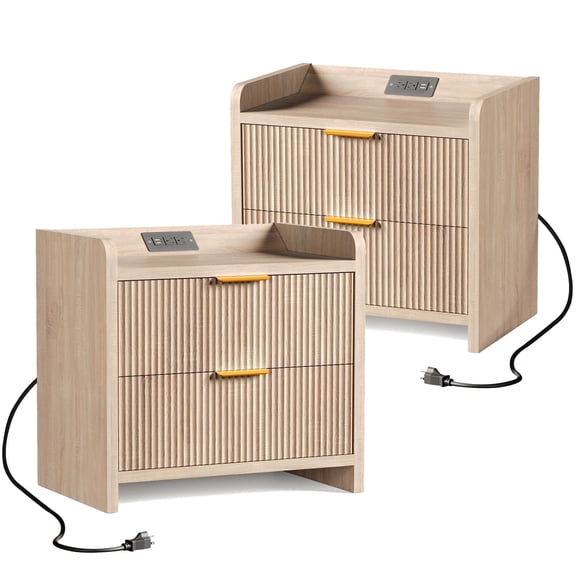 SEPTBOT 23.6" Fluted Nightstand Set of 2, Night Stand with Charging Station and 2 Drawers for Bedroom,Living Room, Oak