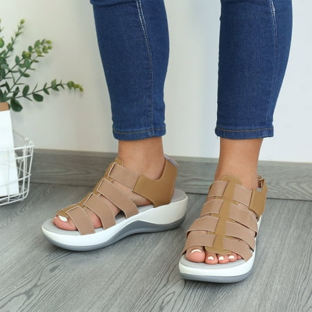 

Ounabing Ladies Fashion Summer Breathable Stretch Cloth Platform Wedge Hook&Loop Sandals