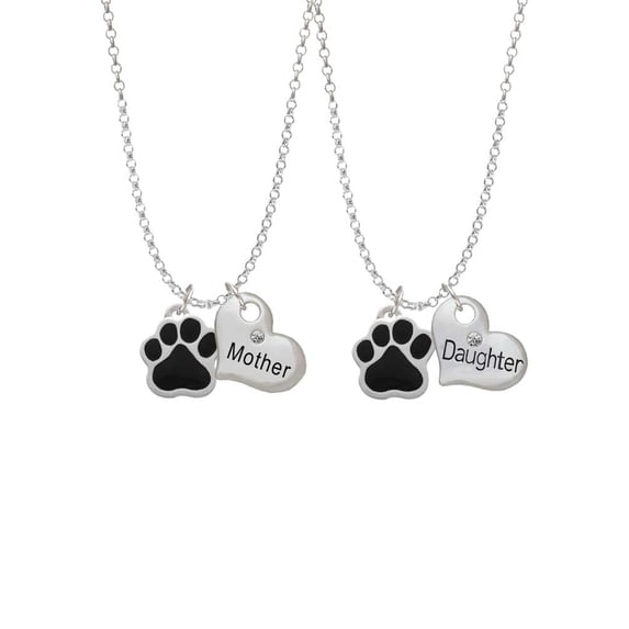 Delight Jewelry Silvertone Large Black Paw Mother & Daughter Heart Necklaces (Set of 2), 19"+2"