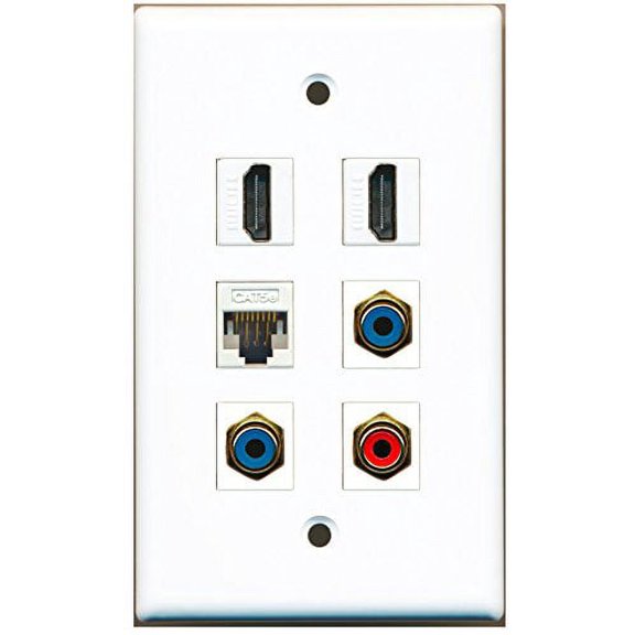 RiteAV - 2 HDMI 1 Port RCA Red 2 Port RCA Blue 1 Port Cat5e Ethernet White Wall Plate