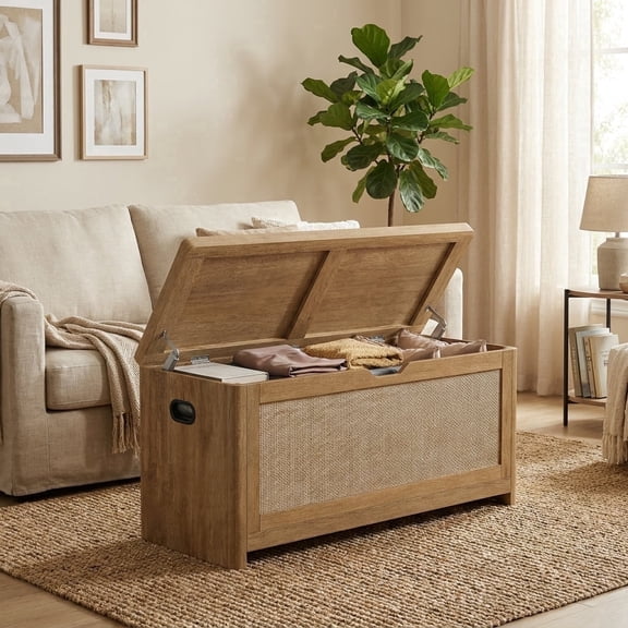 LEDREM Boho Storage Bench with Rattan Look, 2-Safety Hinge Storage Chest for Bedroom Entryway, Natural Brown
