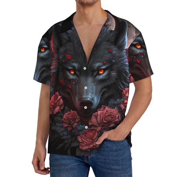 Balery Rose Full Moon Black Wolf Camisa Casual de Manga Corta con Botones para Hombre, Texturizada, Estilo Cubano, para Playa, Verano-Medium